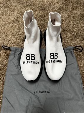 Balenciaga Men's White Black BB Logo Speed LT Knit Booties Size 41 EU NWOT